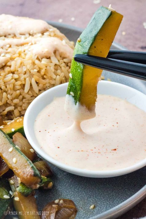 You can't have a hibachi night at home without some of this Japanese white sauce! Also known as yum-yum sauce, hibachi white sauce, or shrimp sauce, this creamy dipping sauce uses basic ingredients, takes 5 minutes to make, and will make you feel like you're in a Japanese steakhouse. Serve with hibachi fried rice, hibachi vegetables, and your protein of choice! Japanese White Sauce Recipe, Japanese Yum Yum Sauce, Hibachi Vegetables Recipe, Japanese White Sauce, Carolina Mustard Bbq Sauce, Yum Sauce Recipe, Yum Yum Sauce Recipe, Hibachi Vegetables, Easy Lemon Cake Recipe