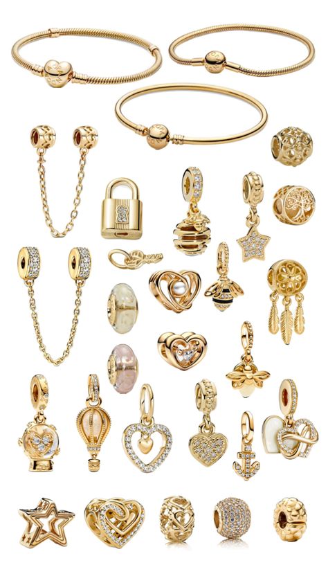 Pandora gold charm bracelet inspo #pandora #charms #gold #bracelet #jewelry #inspo Pandora Charms Gold, Pandora Bracelet Charms Ideas, Xoxo Jewelry, Chunky Gold Jewelry, Jewelry Closet, Pandora Bracelet Designs, Pandora Armband, Pandora Gold, Pandora Jewelry Charms