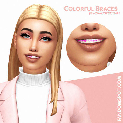 Custom colorful braces with multiple swatches for any Sim! Whether your teen sim just got braces or maybe your adult sim is prepping to straighten out their teeth, this dental-focused CC can work for any Sim in the household. Sims4 Braces Cc, Sims 4 Cc Teeth Jewelry, Sims4 Braces, The Sims 4 Cc Braces, Cc Teeth Sims 4, Sims 4 Dimples All Ages, Sims 4 Tooth Gems, Nose Piercings Sims 4 Cc, Braces Cc Sims 4