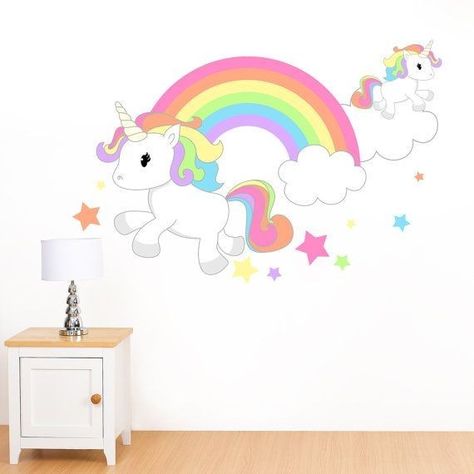 Unicorn And Rainbow Bedroom Ideas, Girls Bedroom Mural, Magical Bedroom, Kindergarten Interior, Rainbow Bedroom, Kids Room Murals, Unicorn Bedroom, Unicorn Room, Toddler Girl Room