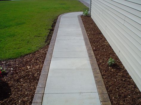 Pavers With Brick Border, Concrete Porch With Brick Border, Concrete With Paver Border, Concrete Walkway Around House, Concrete Patio With Paver Border, Diy Walkway, Concrete Pavers Walkway, Pavers Walkway, Front Walkway Landscaping