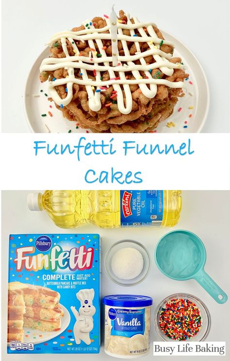 Cake Mix Funnel Cake Recipe, Cake Batter Pancakes, Funfetti Pancakes, Funnel Cake Recipe, Funfetti Cake Mix, Funnel Cakes, Breakfast Sweets, Waffle Mix, Funfetti Cake