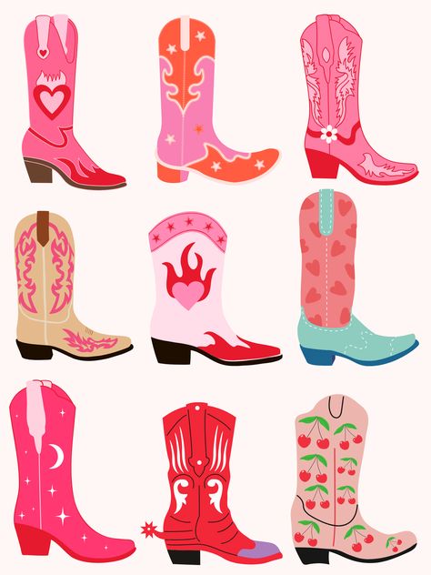 Cowboy Boot Sticker, Cowboy Boot Poster, Retro Cowgirl Aesthetic, Cowboy Boot Pattern, Cowboy Boots Illustration, Fashion Editorial Men, Cowgirl Boots Art, Pink Aesthetic Poster, Cowgirl Illustration