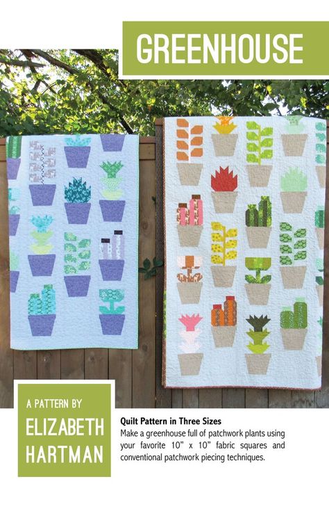 Make+a+greenhouse+full+of+patchwork+plants+using+your+favourite+10”+x+10”+fabric+squares+and+conventional+patchwork+piecing+techniques. No+paper+piecing+or+templates! Elizabeth Hartman Quilts, Elizabeth Hartman, Quilt Modernen, Quilt Sewing Patterns, Quilt Care, Pdf Quilt Pattern, Sampler Quilt, Modern Quilt Patterns, Patchwork Fabric