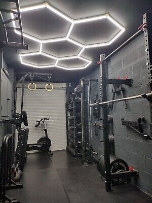 Gym Lighting Ideas Ceilings, Home Gym Lighting, Gym Ceiling, Hexagon Lights, Gym Designs, Gym Lighting, Home Gym Garage, Car Detail, Basement Gym