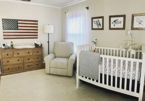 I wanted a nursery that my son could grow older in without needing to make changes as he aged. I was going for neutral and mature with boyish touches.  The nursery started with the Pottery Barn American flag, my husbands only request, and I worked around it. Americana Nursery, Rustic Baby Rooms, Rustic Baby Boy Nursery, Baby Boy Nursery Ideas, Boy Nursery Ideas, Classic Nursery, Parents Room, Baby Nursery Neutral, Baby Boy Room Nursery