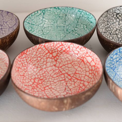 crackleglaze coconut bowls by the forest & co | notonthehighstreet.com How To Make A Coconut Bowl, Boho Key Bowl, Coconut Shell Bowl Diy, Ceramic Coconut, Ceramic Coconut Bowl, Bowl Painting Ideas, Coconut Design, Coconut Crafts, Bowl Painting