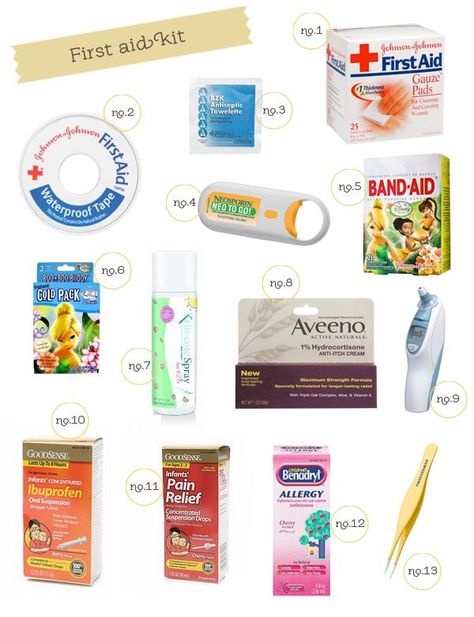 first aid kid essentials for your little ones - might tweak a bit but good start.  Like the idea of a travel first aid kit (duh, why didn't I think of that?)  If you like this pin, then please follow us!  Leave comments!  Or visit us!  www.myhappyfamilystore.com First Aid Kid, First Aid For Kids, Camping First Aid Kit, Travel Essentials For Kids, First Aid Kits, Aid Kit, Emergency Kit, Band Aid, First Aid Kit