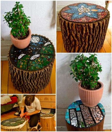 Beautiful Way of Reusing Old Wood Logs With Ceramics Into Stools • Recyclart Rock Mosaics, Log Stools, Wood Stumps, Ceramic Stool, English Decor, Wood Mosaic, Upcycled Art, Mosaic Ideas, Mosaic Artwork