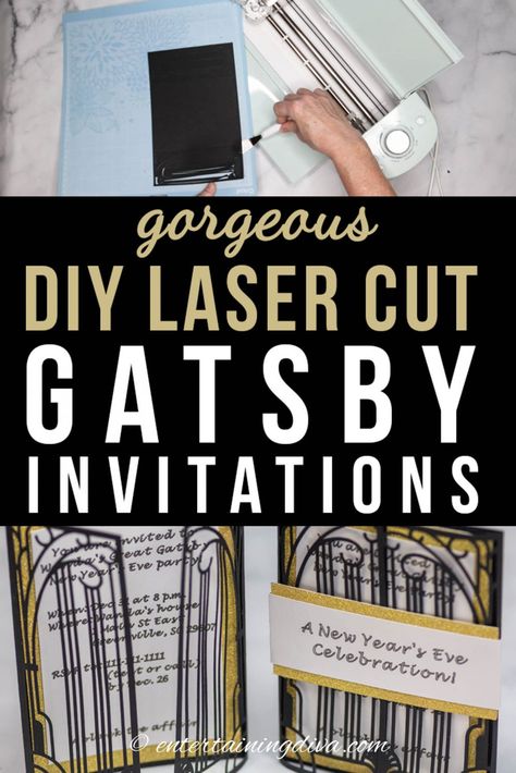 DIY Laser Cut Gatsby Party Invitations | New Year's Eve Party Ideas Gatsby Themed Party Invitations, The Great Gatsby Party Invitations, Gatsby Party Invitations, Great Gatsby Invitation Template Free, Great Gatsby Party Signs, Cricut Scoring Stylus, Great Gatsby Prom Tickets, New Year's Eve Party Themes, Nye Party Decorations