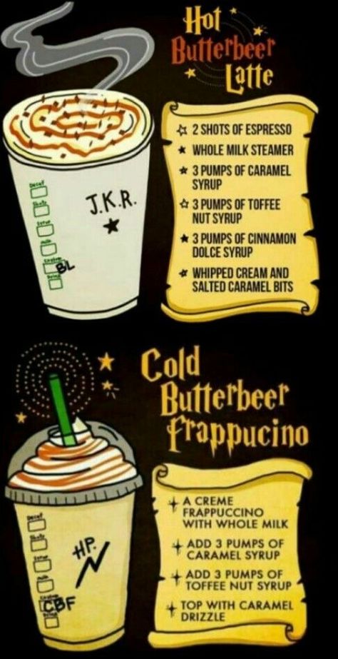 Butter Beer Starbucks Drink, Ravenclaw Food Ideas, Halloween Starbucks Drinks Recipes, Harry Potter Starbucks Drink, Butterbeer Latte, Harry Potter Cookbook, Harry Potter Drinks, Harry Potter Snacks, Coffee And Hot Chocolate