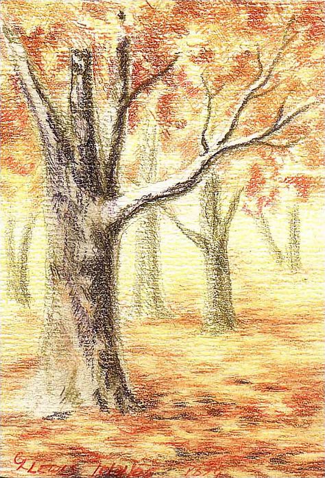 Autumn Color Pencil Drawing, Fall Colored Pencil Drawings, Toned Paper Drawing Colored Pencils, Painting With Color Pencil, Colored Pencil Artwork Easy, Colored Pencil Ideas, Colored Pencil Art Ideas, Colored Pencil Landscape, Crayon Sketches