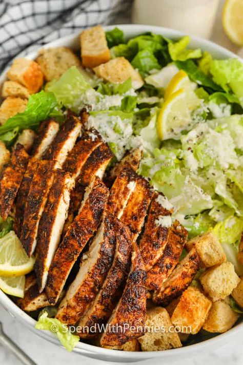 Chicken Caesar Salad (easy to make) - Spend With Pennies Leafy Salads, Chicken Caesar Salad Recipe, Grilled Chicken Caesar Salad, Caesar Chicken, Salad With Chicken, Lunch Salad, Ways To Cook Chicken, Resep Salad, Caesar Salad Recipe