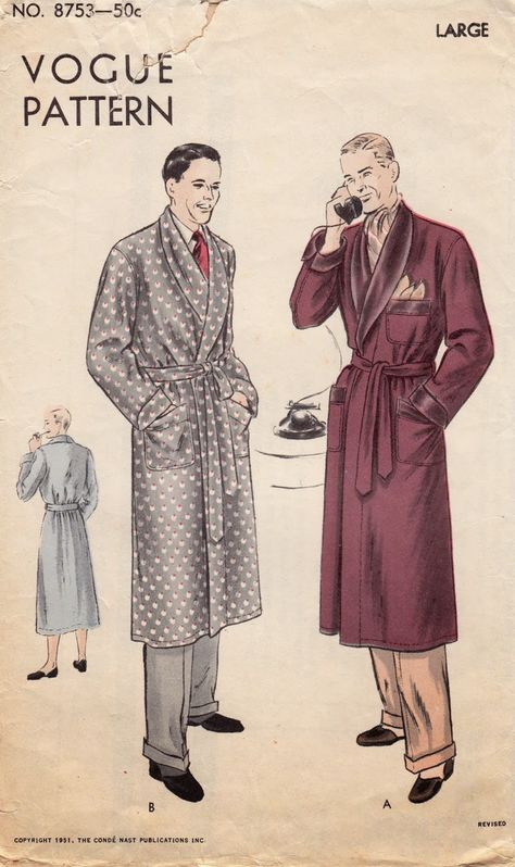 A Few Threads Loose: The Super-Secret Christmas Robe from 1951 1950s Vogue, Vintage Vogue Patterns, Vogue Men, Men's Robes, Mens Sleepwear, Vintage Mens Fashion, Vogue Sewing Patterns, Vogue Pattern, Vogue Patterns