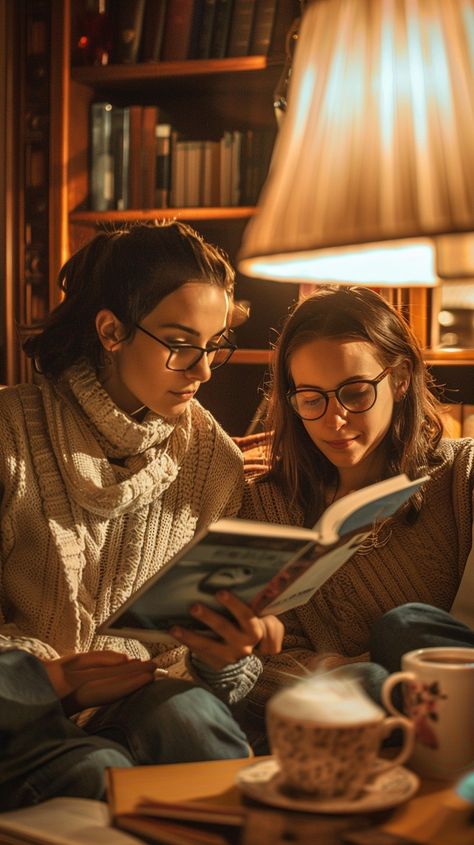 Cozy Reading Time: Two women enjoying a quiet reading session together in a cozy, warmly lit home library. #reading #women #cozy #library #books #aiart #aiphoto #stockcake ⬇️ Download and 📝 Prompt 👉 https://ayr.app/l/p5Kh Two People Reading A Book Together Pose, Two People Reading Together Reference, Reading Together Pose, Reading Book Pose Reference, Cozy Poses, Reading With Friends, Person Reading, Reading Together, Story Tips