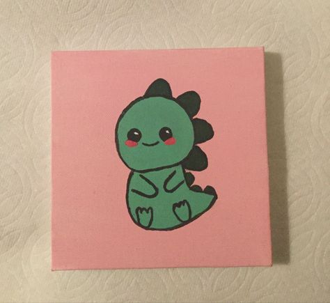 Cute Dino Paintings, Cute Dinosaur Painting, Dino Painting, Dinosaur Painting, Art Markers Drawing, Pink Canvas Art, Cute Canvas Paintings, Cute Canvas, Marker Drawing