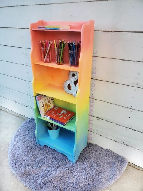 Rainbow Ombre Shelf | Hometalk Diy Painted Shelf, Rainbow Painted Furniture, Shelf Painting Ideas, Zoe Land, Rainbow Shelves, Rainbow Office, Rainbow Furniture, Pastel Classroom, Rainbow Home Decor