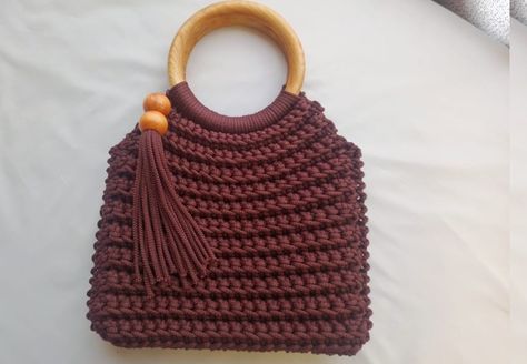 Crochet Purse With Wooden Handles, Crochet Bag With Wooden Handles, Bag With Wooden Handles, Easy Crochet Bag, Crochet Beginners, Circle Handle, Macrame Purse, Step By Step Crochet, Wood Handles