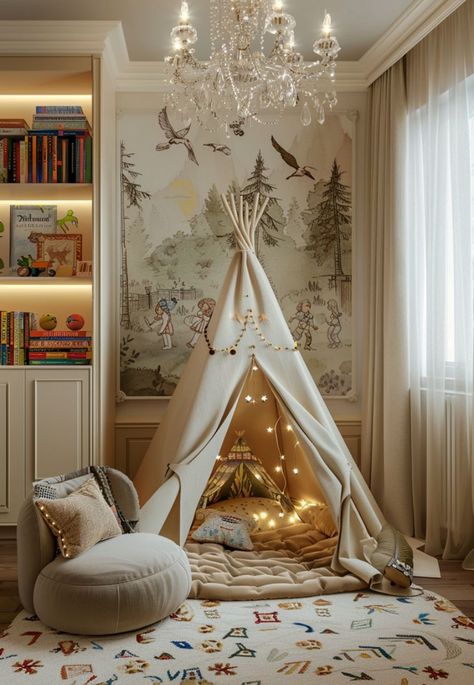 Rich Playroom, Teepee Reading Nook, Room Tent Ideas, Fairy Tale Room Decor, Tent In Room, Children Reading Corner, Cute Reading Corners, Fairy Kids Room, Children’s Playroom