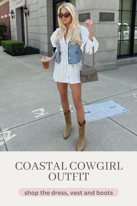 White Shirt Cowgirl Outfit, Fall Coastal Cowgirl, Denim Dress Cowgirl Outfit, Coastal Cowgirl Outfit, Summer Denim Blue Button-up Shirt Dress, Summer Cowgirl Outfits, Summer Button-up Denim Mini Dress, Denim Vest Outfit, Blue Jean Vest