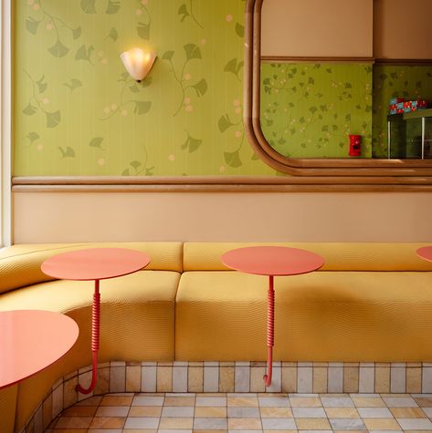 Bakery Features Bold Color + Pattern Inspired by Japanese Design Whimsical Bakery, White Stone Tiles, Sarah Carpenter, Seaside Cafe, Asian Artwork, Architecture Restaurant, Cute Office Decor, Eichler Homes, Retro Japanese