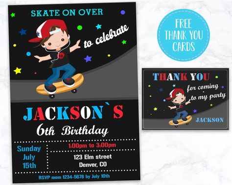 Skateboard Birthday Party, Skateboard Birthday, Park Party, Skate Birthday, Free Thank You Cards, Kids Party Supplies, Skate Park, 7th Birthday, Party Invite