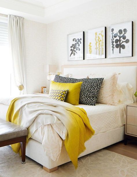 The homeowners originally wanted a more monochrome bedroom, but pops of chartreuse did the trick. | Photographer: Virginia Macdonald | Designer Colette van den Thillart Monochrome Bedroom, Floral Bedroom, Outdoor Dining Room, Yellow Room, Yellow Decor, Yellow Bedroom, Living Room Seating, Best Interior, Guest Bedroom