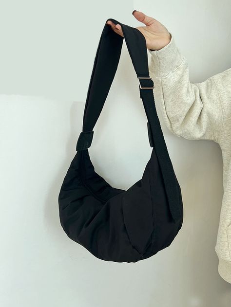 Black Casual,Unisex Collar  Polyester Plain Hobo Bag Embellished   Women Bags Messenger Bags For School, Dumpling Bag, Hobo Crossbody Bag, Women Crossbody Bag, Canvas Crossbody Bag, Hobo Bags, Estilo Chic, Large Backpack, Canvas Shoulder Bag