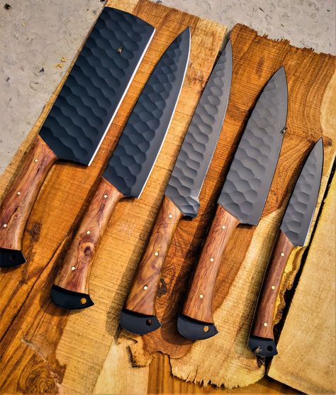 "We take immense pride in our attention to detail,  creative design & collaborative abilities and love to share our passion with the world.  Chef Sets are totally handmade and customizable. If you want any customization for your loved ones do let us know and it will be done. Customization includes changing color or material of Handle. We have Olive wood, Rose Wood, Pakka Wood and Olive Wood and Resin Handles available. Engraving the Blade with name of your loved ones. Changing Material of Blade. Blade options available are D2 Steel, Damascus Steel. For Customization just leave us a message and it will be done. We bring you this beautiful Handmade Chef Set of 5 pieces. This beautiful Kitchen Knife Set is made by Hand and completely personalization option available. We try our best to provid Types Of Hunting, D2 Steel, Bbq Kitchen, Leather Roll, Kitchen Knife Set, Knife Set Kitchen, Custom Knife, Chef Knives, Chef Knife Set