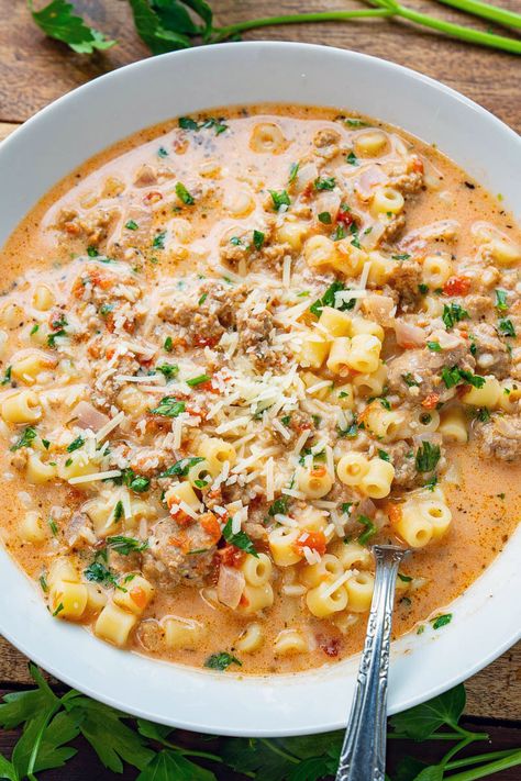 Creamy Parmesan Italian Sausage Soup Easy Soup Recipes Sausage, Chicken Recipes Cold Weather, Cheesy Italian Sausage Soup, No Bean Soup Recipes, Soup With Hot Sausage, Crock Pot Meals That Can Cook All Day, Dinners Husband Will Love, Winter Foods Comfort, Soup Recipes For Summer