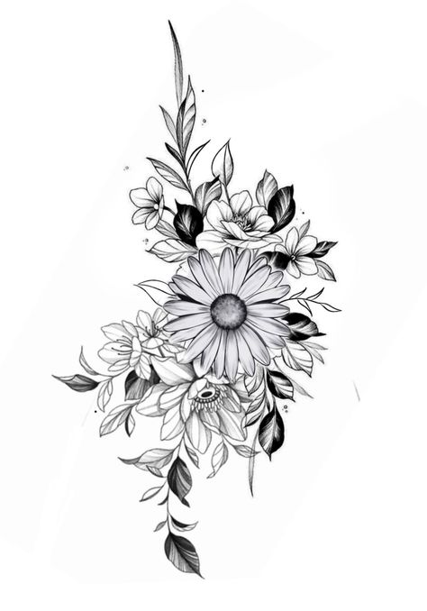 Daisy Shoulder Cap Tattoo, Daisy Leg Tattoos For Women, Daisy Bundle Tattoo, Daisy Tattoo Thigh, Big Daisy Tattoo, Tattoo Coverups For Women, Lower Back Tattoo Cover Up Ideas, Angelina Tattoo, Lower Back Flower Tattoo