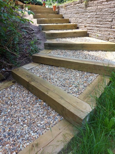 Railroad Tie Stairs, Diy Landscape Stairs, Diy Garden Steps, Under Stair Garden, Stair Garden, Garden Design Inspiration, Sloped Backyard Landscaping, Under Stair, Landscape Stairs