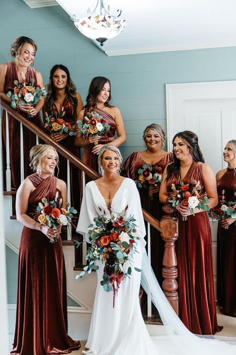 Rust And Red Wedding, Wedding With Turquoise Jewelry, Fall Wedding Ideas Burnt Orange, Dark Boho Wedding Bridesmaid Dresses, Rust Sage And Beige Wedding, Rust Red Wedding Color, Boho Maroon Wedding, Multiple Color Bridesmaid Dresses Fall, Western Bridesmaid Dress