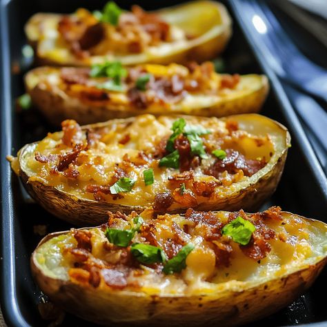 Loaded Baked Potato Skins Loaded Baked Potato Skins, Baked Potato Skins, Loaded Baked Potato, Loaded Baked Potatoes, Potato Skins, Bacon Cheddar, Russet Potatoes, Cheddar Cheese, Baked Potato