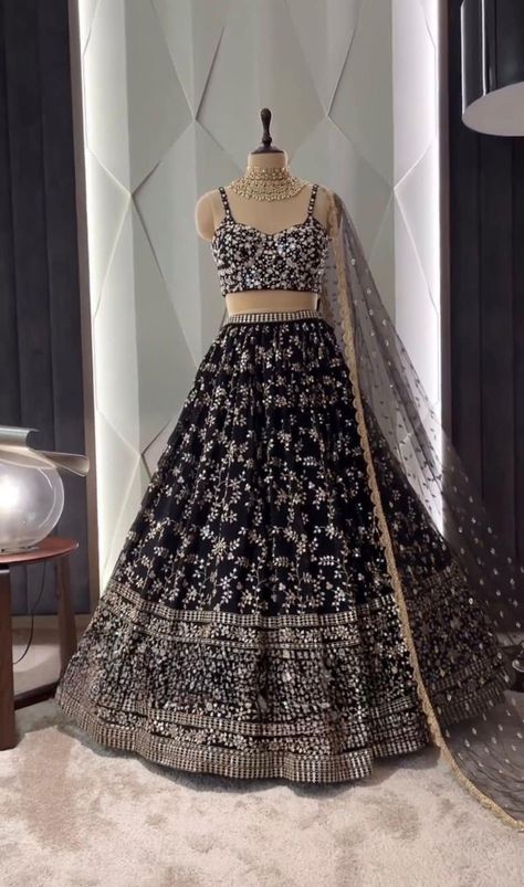 Black Lengha Choli, Black Lengha, Needle Work Embroidery, Indian Lengha, Lehenga Choli Designs, Cotton Lehenga, Trendy Outfits Indian, Sequence Embroidery, Lehenga Designs Simple