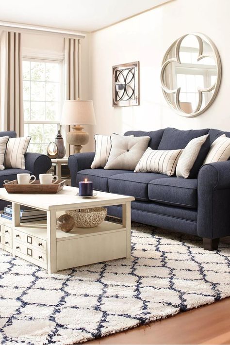 Make your living room or den comfortable and on-trend with the McKinley living room set. Its simple yet stylish design incorporates chic details, like matching piping and gently rolled arms, for elegance that's beautifully subtle. As for this piece's utility, it's built to withstand your family with its reversible, interchangeable seat and back cushions. Plus, the reversible throw pillows let you switch between solids and stripes whenever you feel like mixing it up. Set includes sofa and loveseat Blue Couch Living Room Ideas, Wood Living Room Decor, Blue Living Room Sets, Coastal Farmhouse Living Room, Blue Furniture Living Room, Blue Couch Living Room, Navy Living Rooms, Brown Couch Living Room, Navy Blue Living Room