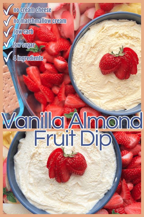 Creamy Vanilla Almond Fruit Dip is made with 4 simple ingredients; Cool Whip, vanilla pudding, milk, and almond extract. This easy fruit dip recipe comes together in minutes and will be the perfect addition to your fruit platter. No marshmallow creme and no cream cheese are needed for this one. In fact, this one is low in calories making it almost guilt free! Whip Cream Fruit Dip, White Cake Mix Cool Whip Vanilla Pudding Dip, Amaretto Fruit Dip Recipe, Fruit Dip With Vanilla Pudding, Fruit Dip No Cream Cheese, Fruit Dip With Pudding, Vanilla Pudding Fruit Dip, Fruit Dip With Sour Cream, Low Calorie Fruit Dip