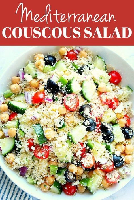 This Mediterranean Couscous Salad is a healthy and light option for lunch or dinner. Fluffy couscous is tossed with fresh vegetables like cucumber, cherry tomatoes, onion, bell pepper, olives and chickpeas and drizzled with lemon juice and olive oil. #salad #healthy #vegetarian Mediterranean Couscous Salad, Making Couscous, Grain Salads, Couscous Salad Recipes, Mediterranean Couscous, Bacon Ranch Pasta Salad, Couscous Recipes, Salad Healthy, Couscous Salad