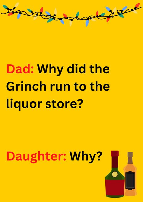 Dad joke about Grinch running to the liquor store, on a yellow background. The image has text and emoticons. Grinch Jokes Hilarious, New Years Dad Jokes, Grinch Jokes, Christmas Jokes Hilarious, Christmas Jokes For Adults, Christmas Dad Jokes, Best Dad Jokes, Jokes About Men, Dad Jokes Funny