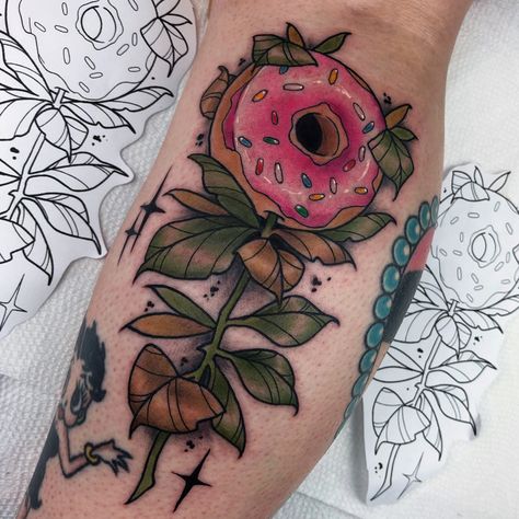 Traditional Raspberry Tattoo, Neo Traditional Sleeve Tattoo, Neo Traditional Sleeve, Traditional Sleeve Tattoo, Raspberry Tattoo, Donut Tattoo, Food Tattoo, Food Tattoos, Traditional Sleeve