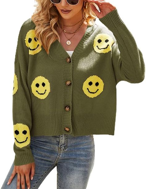 Retro Smiley Face, Knitted Cardigan Sweater, Cardigan Sweater Jacket, Bodycon Dress Parties, Jacquard Knit, Knitted Cardigan, Smile Face, Crochet Cardigan, Knit Sweater Cardigan