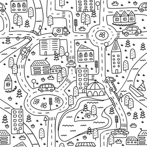 Town Map, White Illustration, Clipart Black And White, Hand Drawn Vector, Illustrated Map, Black And White Illustration, Seamless Pattern Vector, Vector Photo, Small Town