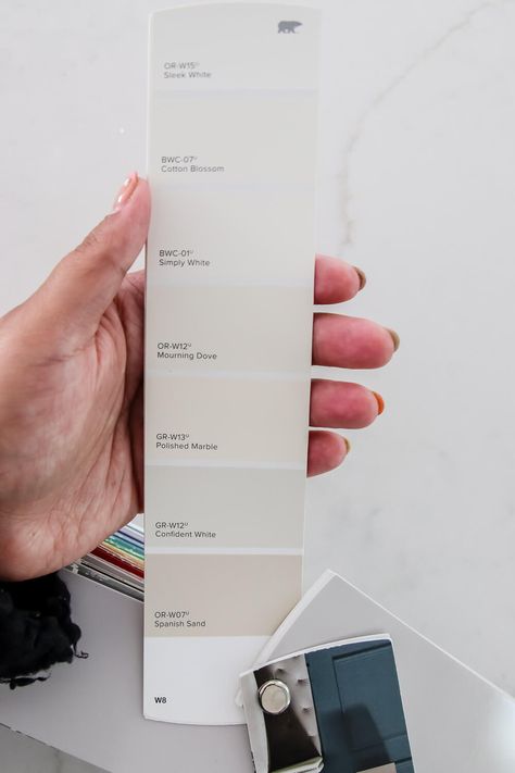 woman's hand holding behr paint samples with behr sleek white and simply white showing Behr Off White, White Canvas Behr, Simply White Behr Paint, Sleek White Behr Paint, Behr Simply White, Behr Natural White, Behr White Paint Colors, Perfect White Paint For Walls Behr, Behr Dove Paint