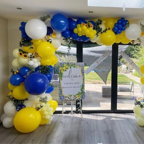 Capri Balloon Garland, Blue White Yellow Balloon Garland, Blue And Yellow Balloon Decor, Graduation Party Ideas Blue And Yellow, Yellow And Blue Balloons, Blue White And Yellow Party Decorations, Yellow And Blue Party Decorations, Blue And Yellow Birthday Party Decor, Blue And Yellow Balloon Arch