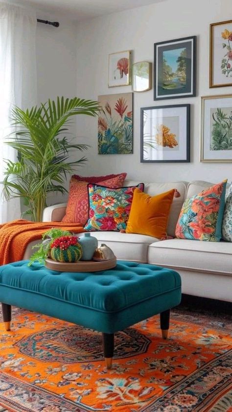 Colorful Modern Living Room, Colorful Living Room Decor, Tacky Decor, Vibrant Living Room, Colourful Living Room Decor, Furniture Architecture, Colourful Living Room, Decoration Furniture, Vintage Living Room