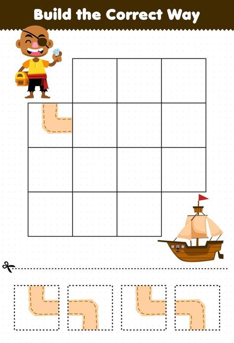 Education game for children build the correct way help cute cartoon bald man move to ship printable pirate worksheet Vector Nature, Game For Children, Tuff Tray, Bald Man, Printable Games, Games For Kids, Lesson Plans, Cute Cartoon, Activities For Kids