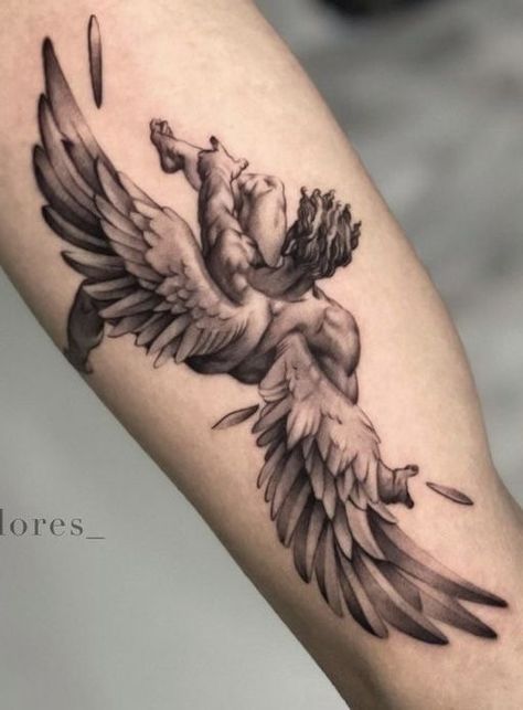 Sistine Chapel Tattoo Sleeve, Icuras Falling Tattoo, Falling Angel Tattoo For Men, Lazarus Tattoo, Fallen Angel Tattoo Designs, Betrayal Tattoo Ideas, Icarus Falling Tattoo, Icarus Tattoo Design, Fall Of Icarus Tattoo