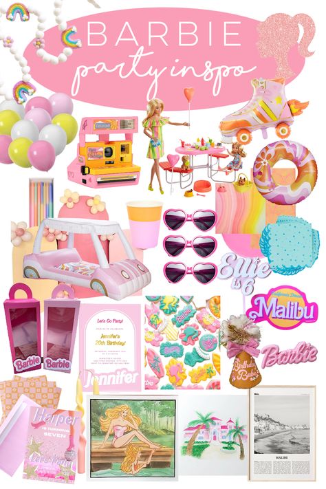 Sharing lots of inspiration for you today in case you're having a Barbie party! #barbie #party Barbie Yacht Party, Malibu Barbie Decorations, Barbie Camper Birthday Party, 90s Barbie Party, Classic Barbie Birthday Party, Barbie Party Playlist, Malibu Barbie Party Favors, Pastel Barbie Party, Retro Barbie Party