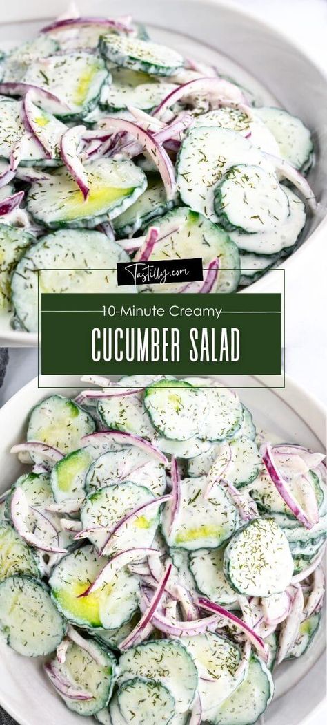 10-Minute Creamy Cucumber Salad Cucumber Slaw Recipes, Vinager Cucumber Salad Recipes, Mini Cucumber Salad, Seasoned Cucumbers, Cucumber Dishes, Best Cucumber Salad, Salads Vegan, Thai Cucumber Salad, Easy Cucumber Salad