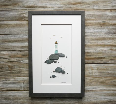 Sea Glass Lighthouse Art, Seagull Pebble Art, Sea Glass Art Lighthouse, Lighthouse Pebble Art Ideas, Pebble Art Lighthouse, Lighthouse Sea Glass Art, Pebble Sea Glass Art, Sea Stones Crafts, Pebble And Sea Glass Art Ideas